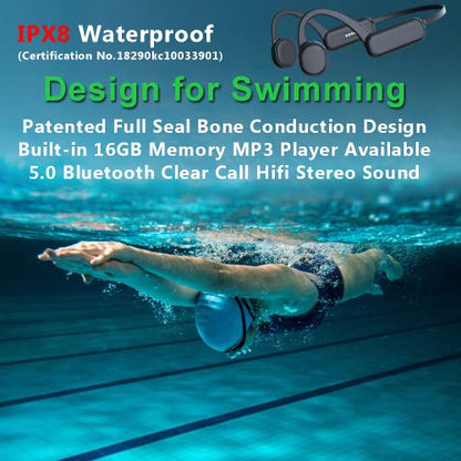 IHAO Swimming Headphones True Bone Conduction Open Ear Headset MP3 Player Built-in 16G Memory IP68 Underwater Waterproof Stereo Bluetooth Earphone for Driving Bicycling Running Skiing-Black - color: Black IHX18