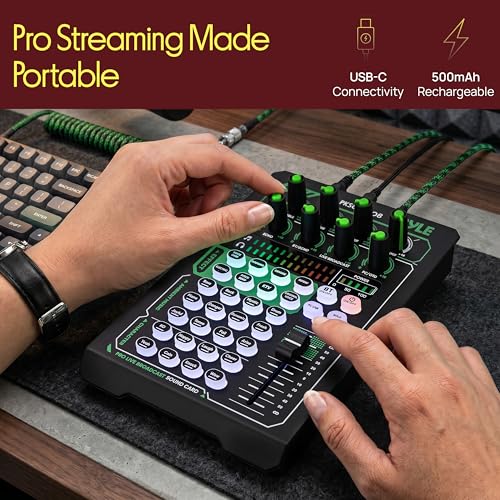 Pyle Pro Live Broadcast Sound Card | Rechargeable Mixer Kit w/ Condenser Mic | 8 Voice FX - 12 Presets | DSP Noise Reduction | Dual Mic Inputs | Solo Mode | Streaming, Podcasting, Gaming - PKSCRD308