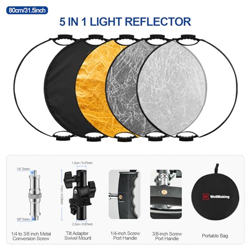 WELLMAKING 32'' Reflector Photography with tilt Adapter for Studio Outdoor | 80cm Light Reflector 5in1, Two 1/4" Grips, Collapsible with Bag High-End Coating Translucent, Silver, Gold, White and Black - size: 32 Inch (80cm)