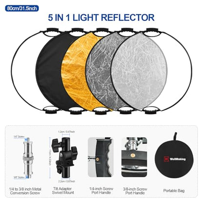 WELLMAKING 32'' Reflector Photography with tilt Adapter for Studio Outdoor | 80cm Light Reflector 5in1, Two 1/4" Grips, Collapsible with Bag High-End Coating Translucent, Silver, Gold, White and Black - size: 32 Inch (80cm)