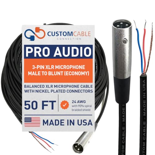 Custom Cable Connection 50 Foot Pro-Audio XLR Balanced Microphone Male to Blunt - 24 AWG Economy Shielded Install Cable - size: 50 Foot, style: Male to Blunt