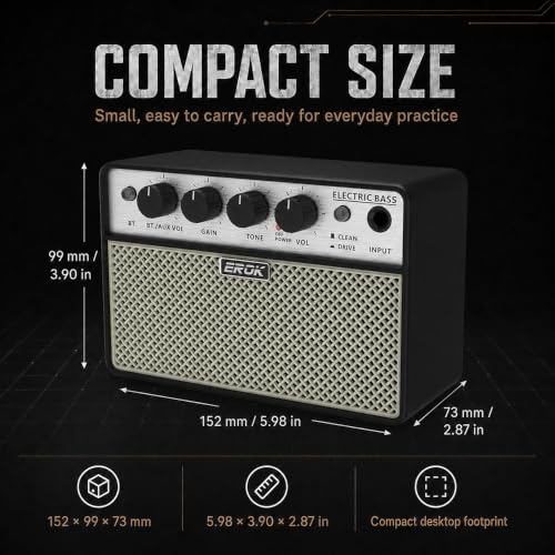 EROK BA-10B Mini Bass Amp, 10W Electric Bass Amplifier with Bluetooth 5.1 | Rechargeable 3000mAh Battery, Clean/Drive Modes, Headphone Output, AUX Input, Compact Practice Design