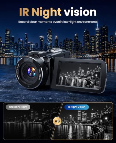 4K Video Camera Camcorder 96MP Vlogging Camera for YouTube 3.0" Touch Screen 18X Digital Zoom IR Night Vision with External Stereo Microphone,Remote,Lens Hood,Handheld Stabilizer,32G Card &2 Batteries