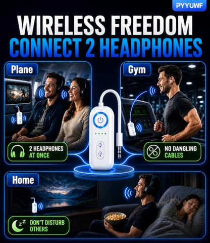 Bluetooth 5.4 Transmitter Receiver, Wireless Audio Adapter, Airplane Gadgets & Travel Essentials – for 2 Headphones, 20H Battery, aptX Low Latency, 3.5mm AUX Jack, for Car, TV, Home-Cream