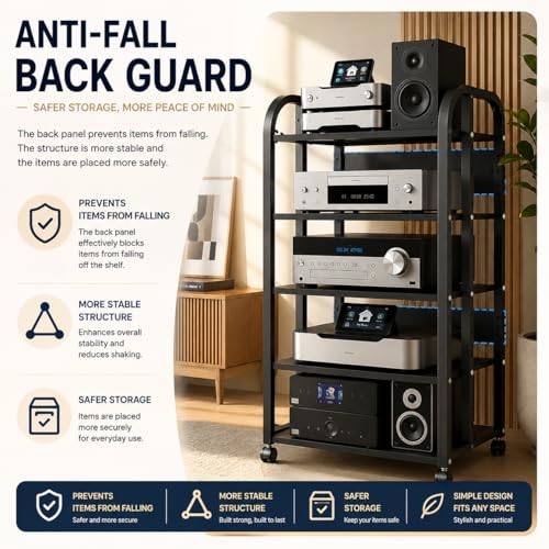 5 Tier Av Media Stand with Wheels, 39in Adjustable Audio Rack | Modern Stereo Racks And Stands, Audio-Video Shelving For Home, Office, Theater