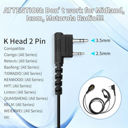 Walkie Talkie Earpiece with Mic Compatible with Baofeng UV-5R 888S, Retevis RT21 RT22 RT68 H-777 RT86, Kenwood TH-F6 F6A D7 Pxton Two Way Radios Earpiece G Shape Ear Piece for Police Radios (5 Pack) - color: GT-1