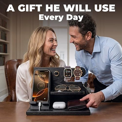 TESLYAR Wood Phone Docking Station for Men - Desk or Nightstand Organizer - Birthday Gifts for Husband, Dad - Anniversary Idea from Wife - Key Holder, Stand Wallet, Watch & Essentials (Granite Black) | Solid Ash Nightstand Organizer with Key Holder, Walle