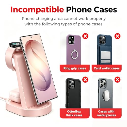 Wireless Charging Station for Samsung/Android, Fast Wireless Watch Charger Station Compatible for Samsung Galaxy S26 Ultra/S25/S24+/Z Flip 7/6 Fold 7/6, Watch8/7/Pro/Active 2 Galaxy Buds3/2 Pro(Pink) - color: Pink