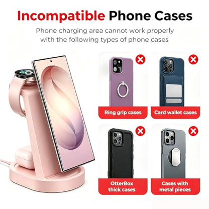 Wireless Charging Station for Samsung/Android, Fast Wireless Watch Charger Station Compatible for Samsung Galaxy S26 Ultra/S25/S24+/Z Flip 7/6 Fold 7/6, Watch8/7/Pro/Active 2 Galaxy Buds3/2 Pro(Pink) - color: Pink