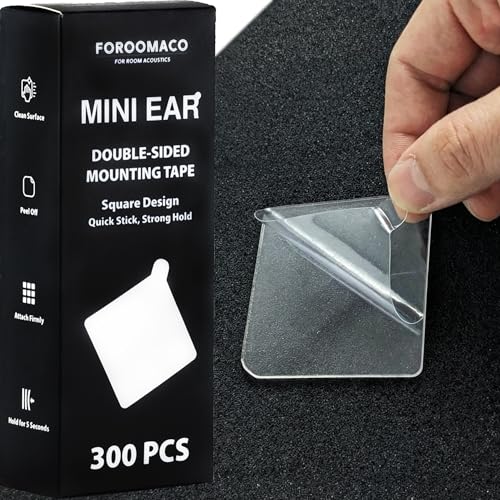 FOROOMACO Mini Ear Double-Sided Mounting Squares for Acoustic Foam, 300 Pcs | Pre-cut 1.18 in foam mounting tape squares with easy-peel tabs for acoustic foam, foam boards, signs and light decor