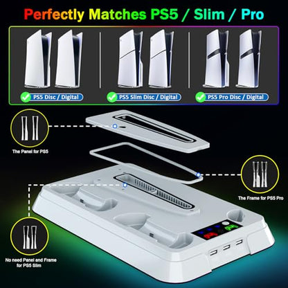 PS5/Slim/Pro Cooling Station for PlayStation 5 Console,PS5 Cooler Fan with Dual PS5 Controller Charger Incl. 3 Level Fans,Headset,3 USB Hubs,PS5/Slim/Pro Stand for PlayStation 5 Console Accessories - color: White