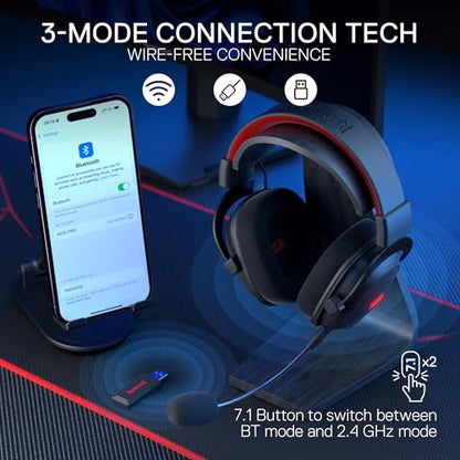 Redragon H510 PRO 3-Mode RGB Gaming Headset - 7.1 Surround Sound - 53MM Audio Drivers in Memory Foam Ear Pads w/Durable Fabric Cover- Multi Platforms Headphone - USB Powered for PC/PS4/NS - color: Black Wireless H510 PRO