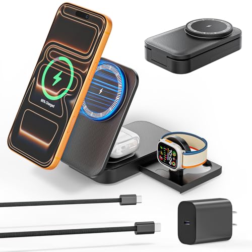 (Apple MFi Certified)3 in 1 Charging Station Apple, 25W 6FT Mag safe Stand Magnetic Charger for iPhone and iWatch with 35W USB C Block for iPhone 17 Pro Max/16 Pro/15 Plus/14/13/12,AirPods,Apple Watch