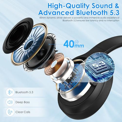 Active Noise Cancelling Headphones, Over-Ear Headphones Black | Wireless Blutooth Headphones with100H Playtime, Built-in Microphone, Lightweight & Foldable, Deep Bass for Work/Gym/Travel - color: Black