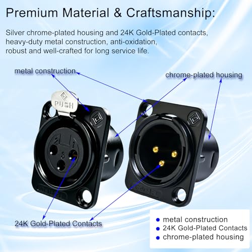 RIVIERA XLR Panel Mount Chassis 3pin Male & Female Nickel Plated Metal Housing and 24K Gold-Plated Contacts (5 Male + 5 Female Black) - color: Black, size: Male+Female