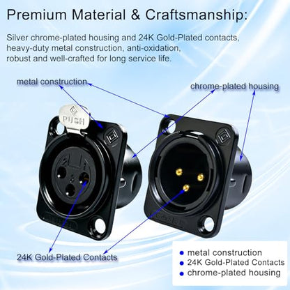 RIVIERA XLR Panel Mount Chassis 3pin Male & Female Nickel Plated Metal Housing and 24K Gold-Plated Contacts (5 Male + 5 Female Black) - color: Black, size: Male+Female