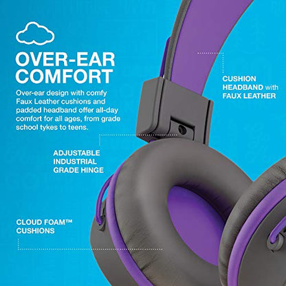 JLab JBuddies Studio Kids Wired on-Ear Headphones with mic, Volume Limiter, Folding, Graphite/Purple - color: Graphite / Purple, size: Headphones