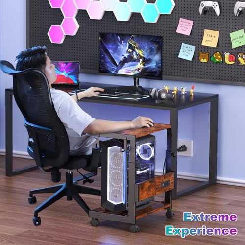 Computer Tower Stand with Charging Station, for Small and Mid-Tower PCs | Height Adjustable PC Stand with Wheel, CPU Holder with 2 AC Outlets + 2 USB Ports, 2-Tier Storage, Durable Metal Frame - color: Brown