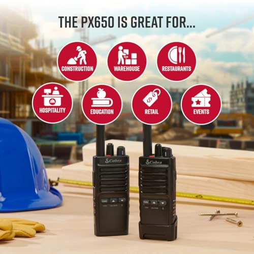 Cobra PX652 Professional Walkie Talkies, Rechargeable, 22 Channels | 300,000 sq. ft/25 Floor Range, Dust Protected & Splashproof (IP54 rating), Headsets and Chargers Included (2-Pack) - style: PX650 - 2 Pack