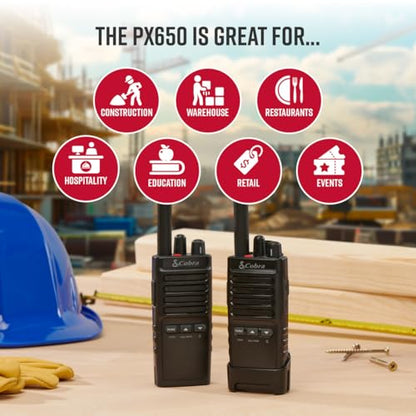 Cobra PX652 Professional Walkie Talkies, Rechargeable, 22 Channels | 300,000 sq. ft/25 Floor Range, Dust Protected & Splashproof (IP54 rating), Headsets and Chargers Included (2-Pack) - style: PX650 - 2 Pack