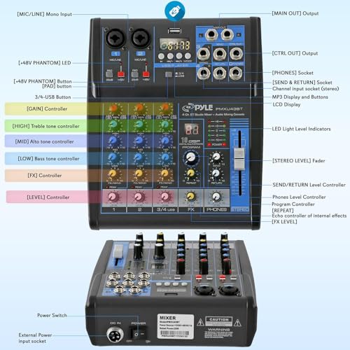 Pyle 4 Channel Audio Mixer with Bluetooth - DJ Sound Board Controller - USB Computer Input - Built-in MP3 Player - 48V Phantom Power - 3 Band EQ - 16-Bit DSP FX - Band, Studio Ready - PMXU43BT