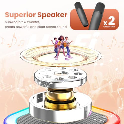 Mini Karaoke Machine, Portable Bluetooth Speaker & 2 Wireless Microphones | Karaoke Player Karaoke Microphone For Family Home Party Outdoor With HI-FI Sound | 5 Magic Sound | PA System | USB | TF | AUX - color: Grey