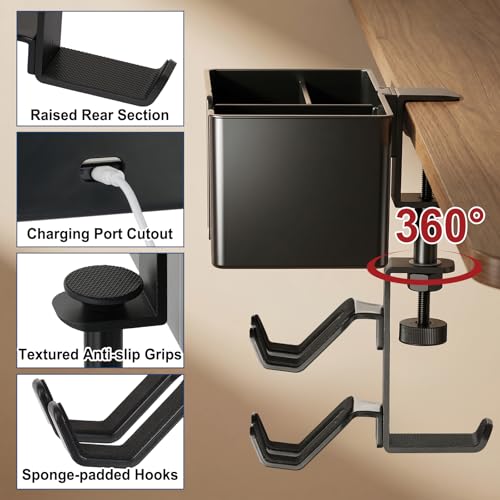 5 in 1 Desk Cup Holder Clamp, Detachable Pencil Holder | with Rotating Headphone Hanger & Controller Holder, Desk Organizer for Cup, Pen, Phone, Gaming Office Desk Accessories - color: With Two Controller Holders