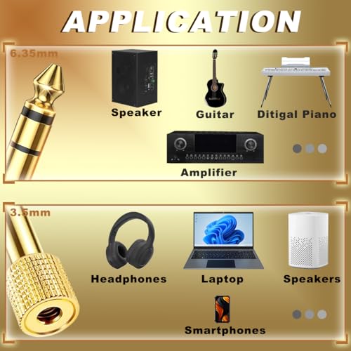 5PCS 6.35mm (1/4 inch) Male to 3.5mm (1/8 inch) Female Stereo Audio Headphone Jack Adapter Connect Gold-Plated Plug Socket with Cable Tie, for Guitar Computer Amplifiers AV Receivers