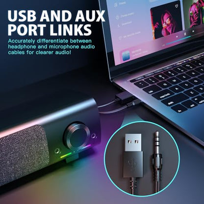 Computer Speakers, USB Powered 3.5mm AUX PC Sound Bar for Desktop Monitor, Gaming Speakers with Headphones & Microphone Link, Superb Stereo Sound, Plug-n-Play (Black) | USB-powered desktop PC soundbar with 3.5mm AUX and mic/headphone jack. Superb stereo s