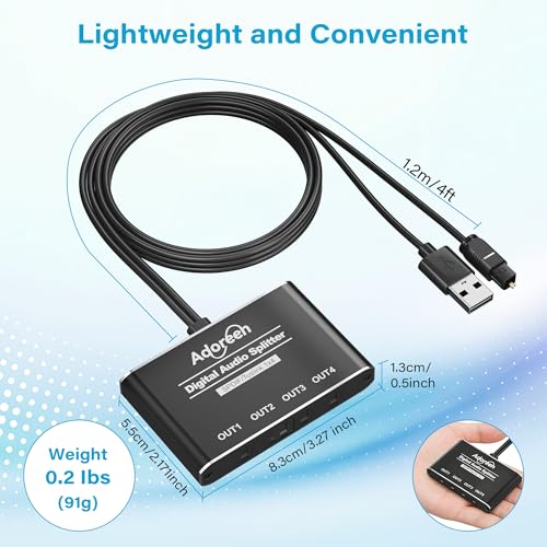4 Way Digital Optical Audio Splitter 1 In 4 Out Active Toslink SPDIF Fiber Optic With USB Powered, LPCM 2.0, PCM, Dolby, DTS 5.1 for HDTV, Home Theater, Soundbar, Receiver, Amplifier- Unidirectional - style: 1 X 4 Optical Splitter