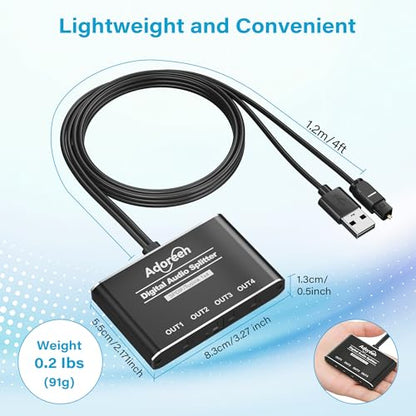 4 Way Digital Optical Audio Splitter 1 In 4 Out Active Toslink SPDIF Fiber Optic With USB Powered, LPCM 2.0, PCM, Dolby, DTS 5.1 for HDTV, Home Theater, Soundbar, Receiver, Amplifier- Unidirectional - style: 1 X 4 Optical Splitter