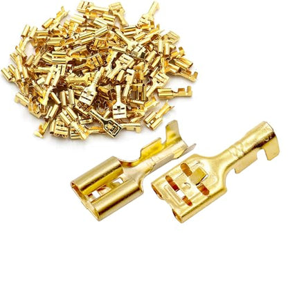 BAOMAIN 100-Pack 6.3mm 1/4" Female Spade Connector Non-Insulated Terminals | Copper 1/4" Non-Insulated Female Connectors with Locking Tab for 18-16 AWG Wire,Ideal for Automotive & DIY Projects