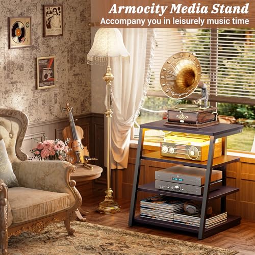 4-Tier AV Media Stand with Power Strips, Stereo Stand with LED Lights, Rack Audio Tower with Adjustable Shelves, Small Entertainment Center, 30'', Black Ebony | Corner Shelf Stand with Power Strip & LED Lights, Audio Tower HIFI Rack Stereo Shelf CRT TV St