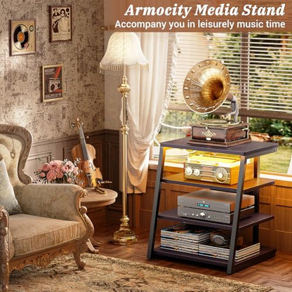 4-Tier AV Media Stand with Power Strips, Stereo Stand with LED Lights, Rack Audio Tower with Adjustable Shelves, Small Entertainment Center, 30'', Black Ebony | Corner Shelf Stand with Power Strip & LED Lights, Audio Tower HIFI Rack Stereo Shelf CRT TV St