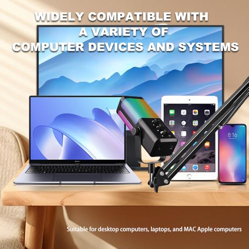 M7 USB Gaming Microphone with Boom Arm - Professional RGB Condenser Mic for PC/PS5 - Triple-Knob Control (Mic Gain, Headphone Vol, Monitor Mix) - Zero Latency Streaming Kit Mic Black - color: M7 arm stand
