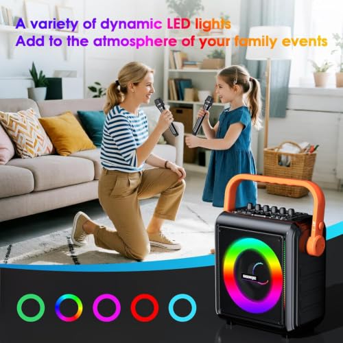 Karaoke Machine with 2 Wireless Microphones for Adults & Kids, 8000mAh Portable Bluetooth Speaker PA System with Lights, Supports AUX in/TF Card/FM/REC, Microphone Speaker Set for Home Party, Outdoor
