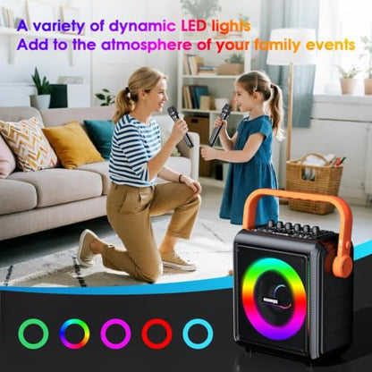Karaoke Machine with 2 Wireless Microphones for Adults & Kids, 8000mAh Portable Bluetooth Speaker PA System with Lights, Supports AUX in/TF Card/FM/REC, Microphone Speaker Set for Home Party, Outdoor