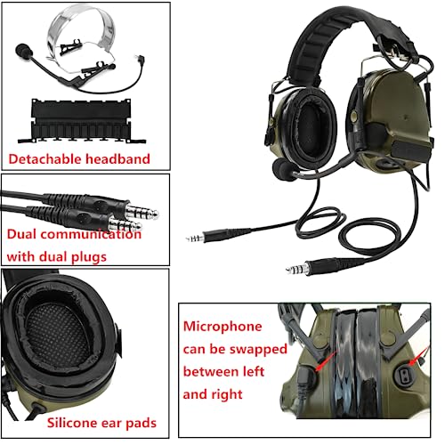 HEARFALCOM Dual Communication Tactical Headset with PTT Adapters U94 PTT Compatible with UV-5R, UV-82 Walkie Talkie Suitable for Airsoft Sports, Hunting, Hearing Protection(FG) - color: Green