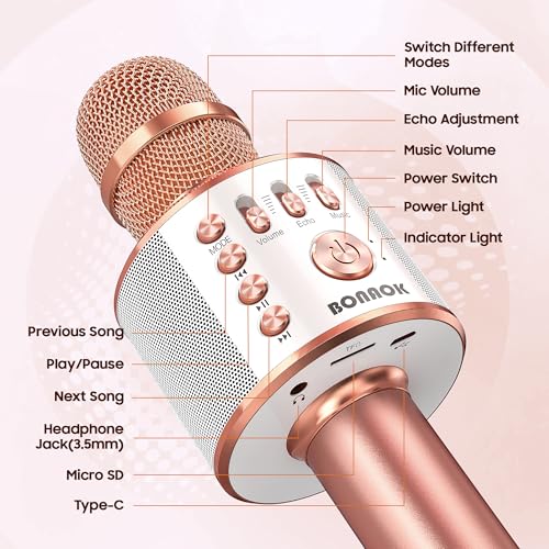 BONAOK Wireless Bluetooth Karaoke Microphone,3-in-1 Portable Handheld Karaoke Mic Speaker Machine Home Party Birthday for All Smartphones PC(Q37 Rose Gold) - color: Rose Gold
