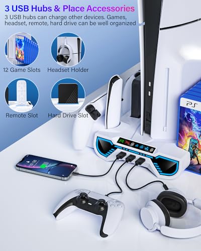 Cooling Station with Controller Charging Station for PS5/Slim/Pro Console | Cooling stand and Controller Charger Accessories for Playstation 5 - LED Light, Turbo Fan, Headset Holder, 3 USB Hub, White - color: White