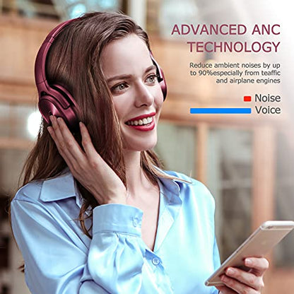 ZIHNIC Active Noise Cancelling Headphones, 40H Playtime Wireless Bluetooth Headset with Deep Bass Hi-Fi Stereo Sound,Comfortable Earpads for Travel/Home/Office (Red) - color: Red
