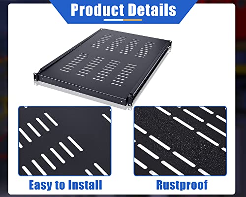 1U Adjustable Rack Mount Shelf Vented Server Rack Drawer 175 lbs 27.5 to 38 Inch Adjustable Mounting Depth Blanking Panel Kit Universal Tray for 19 Inch AV/Network Equipment, Black(1 Piece)