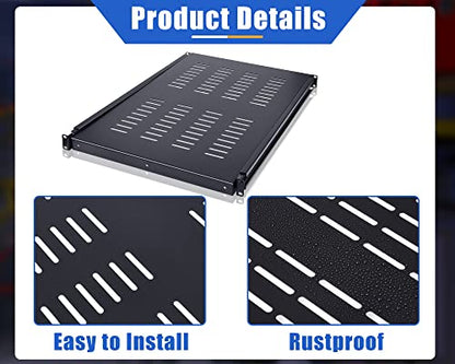 1U Adjustable Rack Mount Shelf Vented Server Rack Drawer 175 lbs 27.5 to 38 Inch Adjustable Mounting Depth Blanking Panel Kit Universal Tray for 19 Inch AV/Network Equipment, Black(1 Piece)