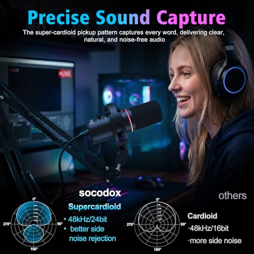 XLR/USB Gaming Microphone with Boom Arm for Streaming | Dynamic Microphone with One-Touch Mute, Gain Control, Headphone Jack, RGB Lighting for Podcast, Recording Vocal