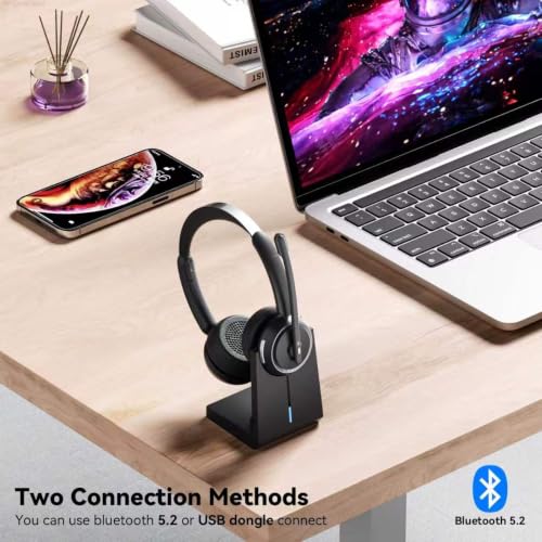 Wireless Headset with Mic for Work, Bluetooth Headset with Noise Canceling Mic & Charging Base, Wireless Headphones with Mic for Remote Workers/Call Center/PC/Laptop/Computer/Home/Office/Zoom/Teams