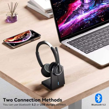 Wireless Headset with Mic for Work, Bluetooth Headset with Noise Canceling Mic & Charging Base, Wireless Headphones with Mic for Remote Workers/Call Center/PC/Laptop/Computer/Home/Office/Zoom/Teams