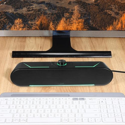 jojofuny Compact Wired Soundbar for Computer with LED Lighting and Space-Saving Design, Plastic Desktop Speaker for Home Use