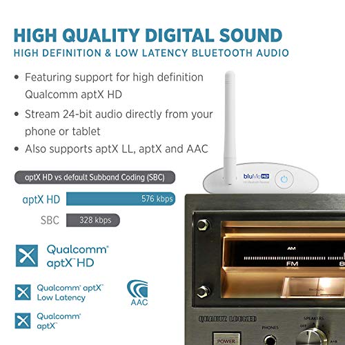 Blume HD Long Range Bluetooth 5.3 Music Receiver Hi-Fi Audio Adapter with Audiophile DAC, LDAC & AptX HD for Home Stereo, AV Receiver or Amplifier - color: Silver