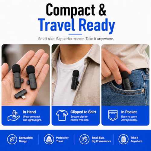 Acuvar Wireless Lavalier Microphone for Vlogging iPhone & Android, 2 Pack Mini Wireless Mic, Plug & Play Clip On Mics for Vlogging Video Recording, Interview, Adapter