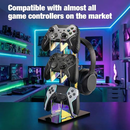NiHome Controller Holder Headphone Stand 3-Tier Iridescent Acrylic Gaming | Headset Mount With Anti-Slip Base, Cable Holes, Universal For PS5 Xbox Switch, Desk Organizer, Gamer Gifts - size: Iridescent 3-Tier
